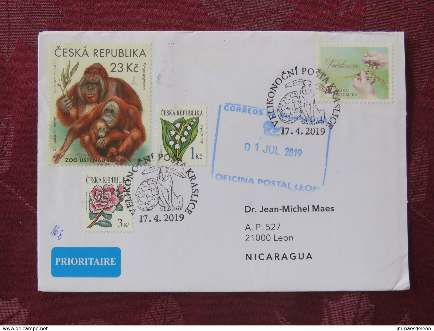 Czech Republic 2019 Special Cancel On Cover To Nicaragua - Flowers Handicraft - Ourang Outan Monkey - Lettres & Documents