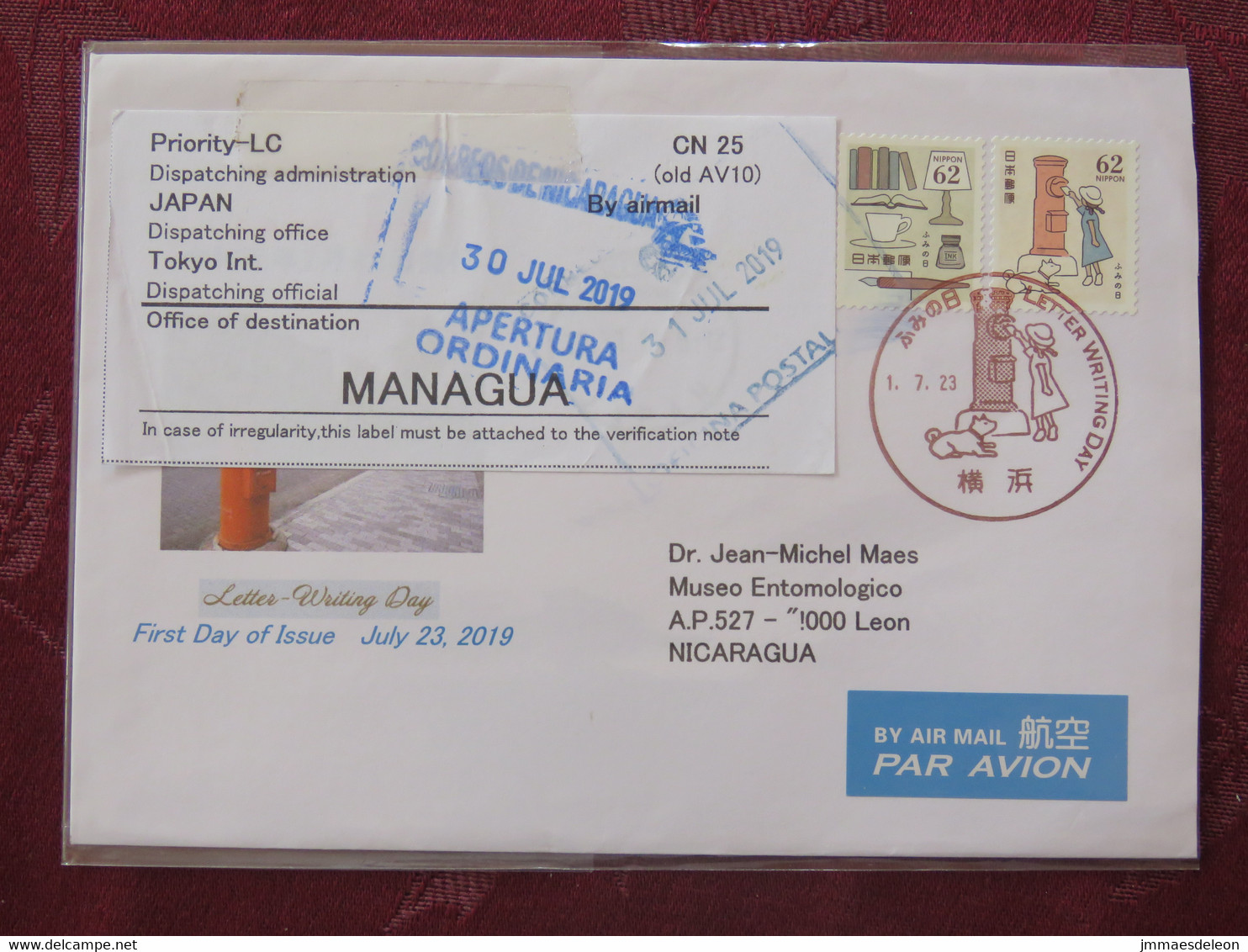 Japan 2019 FDC Cover To Nicaragua - Writing Letter - Mailbox - Lettres & Documents