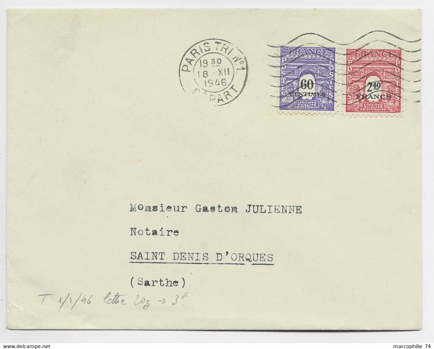 ARC TRIOMPHE 2FR40+60C LETTRE COVER MEC PARIS TRI N° 1 18.XII.1946 AU TARIF - 1944-45 Arc Of Triomphe