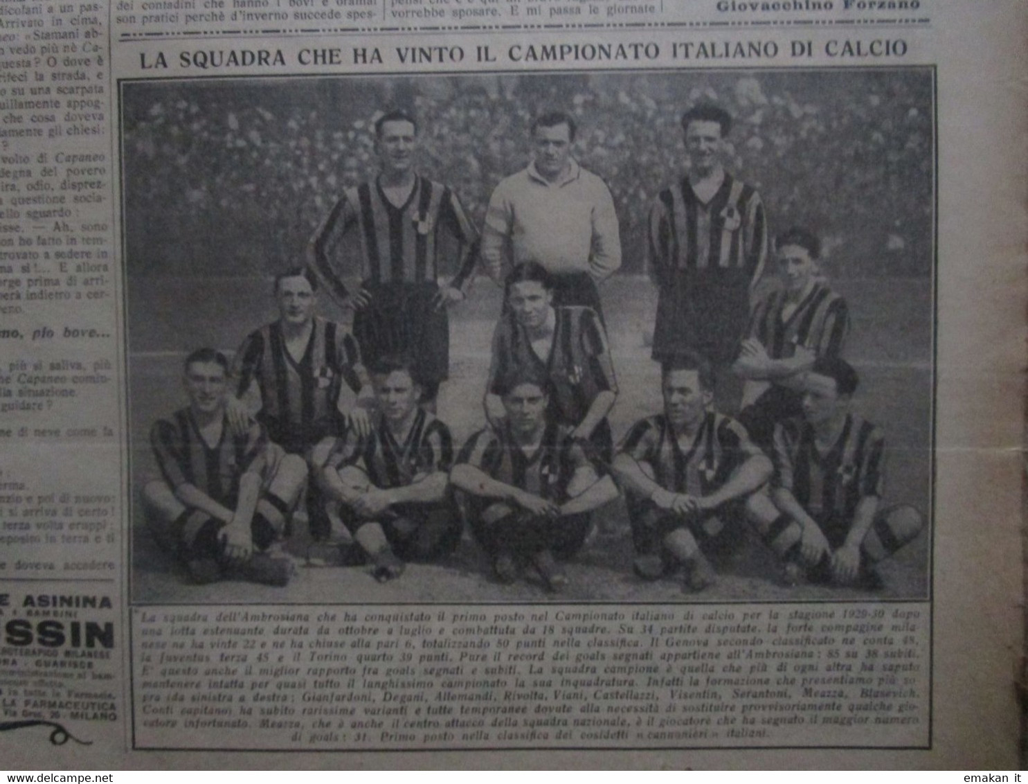 # DOMENICA DEL CORRIERE N 32 / 1930 AMBROSIANA CAMPIONE INTER / TERREMOTO MELFI /MONTELLO / COSTA D'AVORIO - Erstauflagen