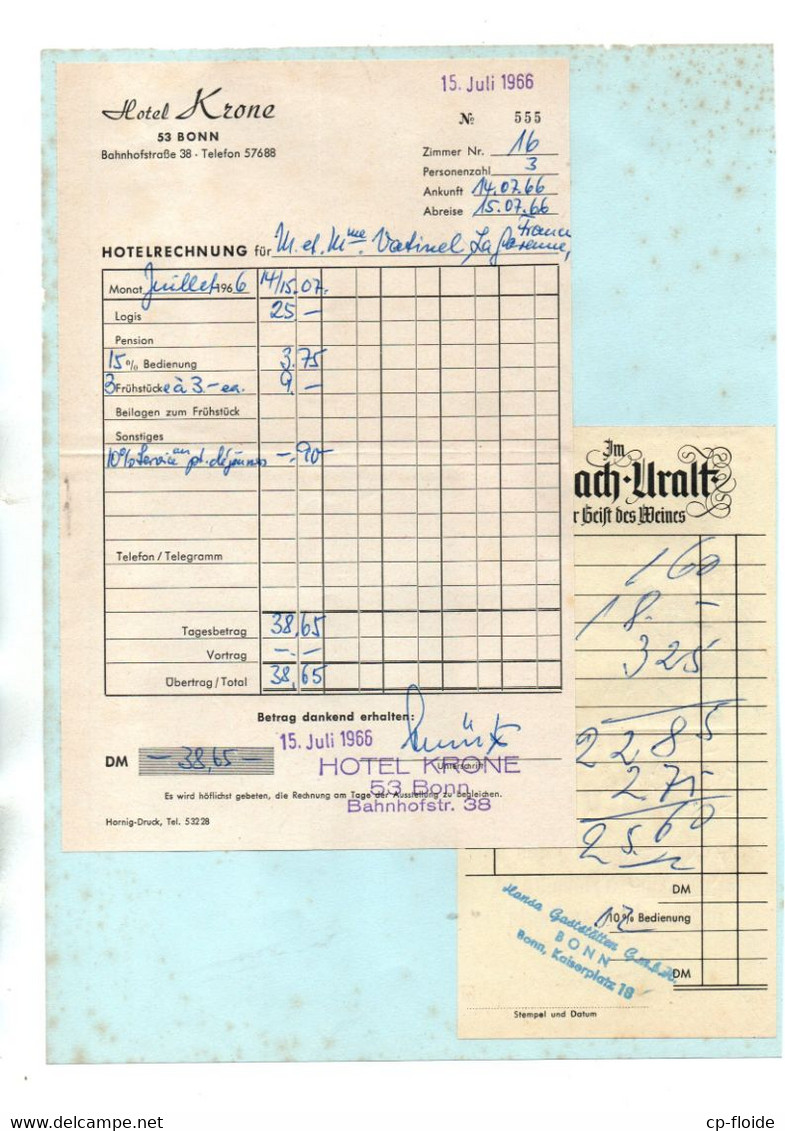 ALLEMAGNE . DEUTSCHLAND . 2 FACTURES . " HOTEL KRONE " BONN + " CENTRAL HOTEL " BONN - Réf. N°151P - - 1950 - ...