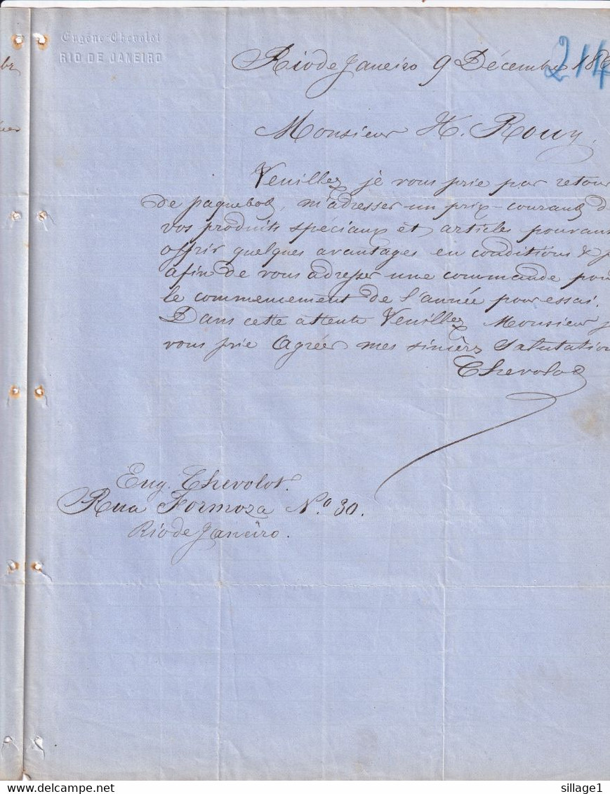 Rio De Janeiro (Brésil) Lettre Par Paquebot Du Brésil Pour La France En 1861 De La Droguerie Chevolot à M. Rouy - Lettres & Documents