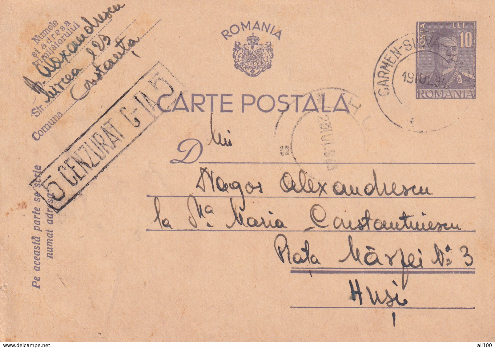 A16430   -   MILITARY LETTER POSTAL STATIONERY KING MICHAEL 10 LEI CENZURAT CONSTANTA USED 1941  SENT TO HUSI - World War 2 Letters