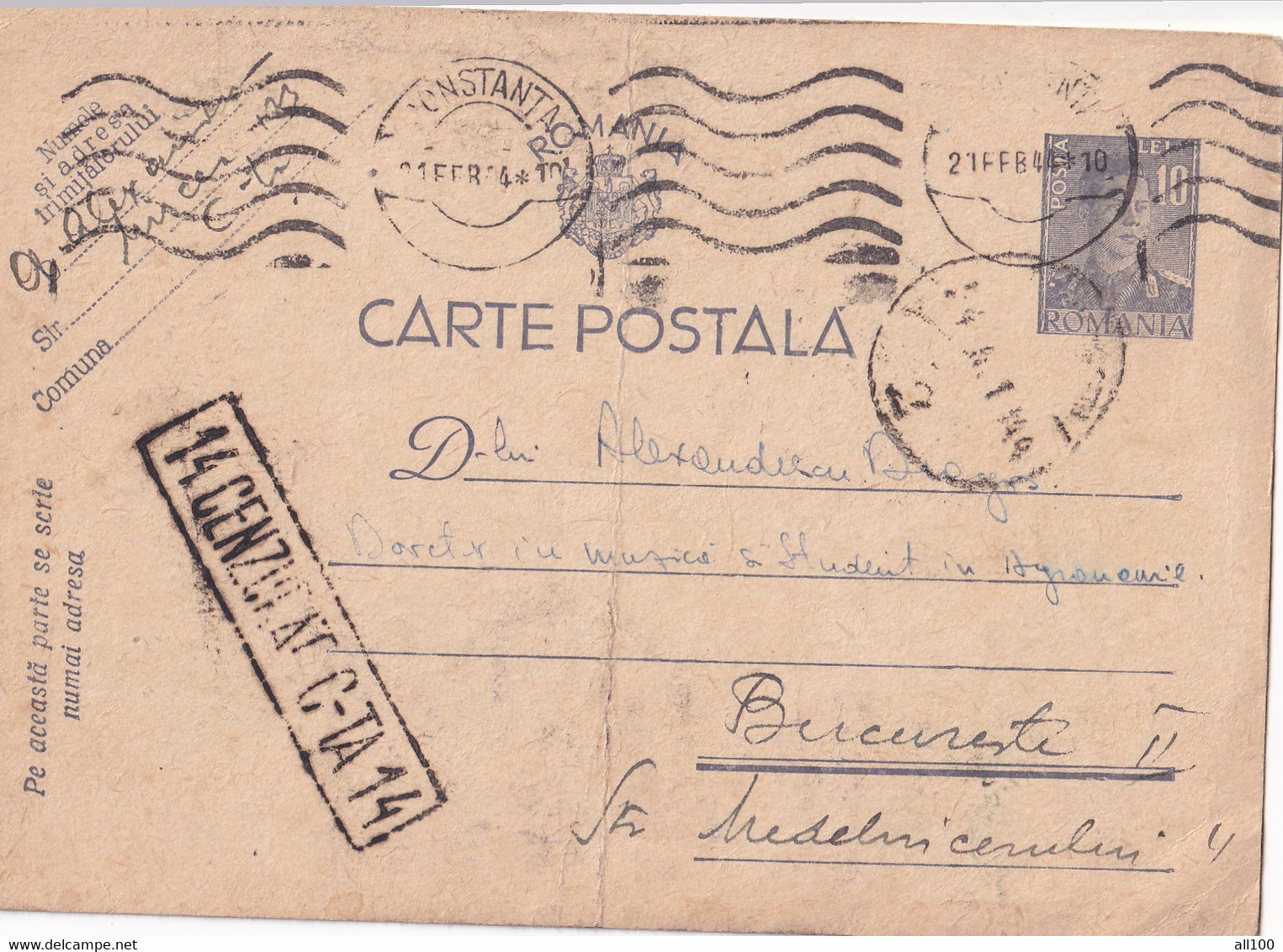 A16471 - MILITARY LETTER POSTAL STATIONERY ROMANIA  CENZORED CONSTANTA 14  KING MICHAEL 10 LEI 1942  POST CARD USED - World War 2 Letters