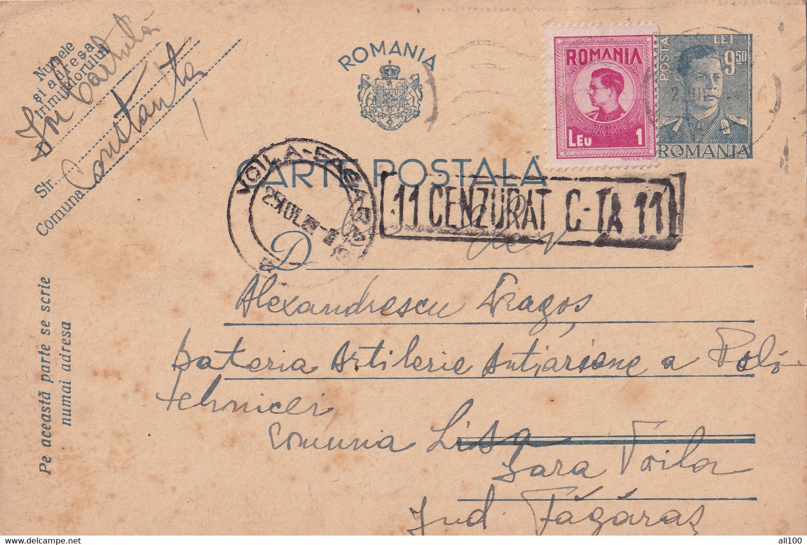 A16471 - MILITARY LETTER POSTAL STATIONERY ROMANIA  CENZORED CONSTANTA 11  KING MICHAEL 9.5 LEI 1944  POST CARD USED - World War 2 Letters