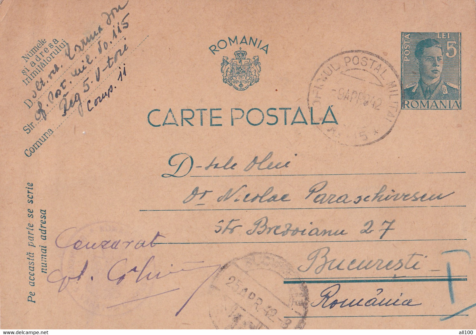 A16456 - MILITARY LETTER ROMANIA POSTAL STATIONERY CENZORED CAMP 11  KING MICHAEL 5 LEI   USED 1942  VINTAGE POST CARD - World War 2 Letters