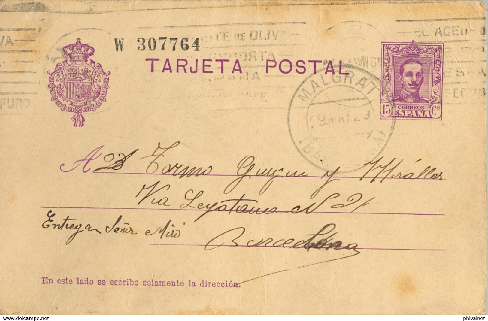 1930  , BARCELONA  , E.P. 57 CIRCULADO , MALGRAT - BARCELONA - 1850-1931