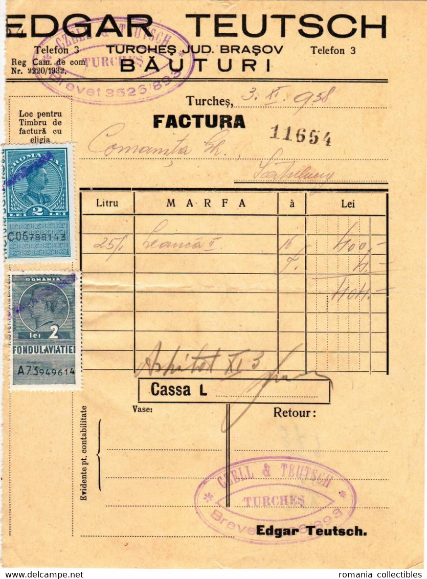 Romania, 1938, Vintage Invoice / Receipt, Brasov - Revenue / Fiscal Stamps / Cinderellas - Revenue Stamps