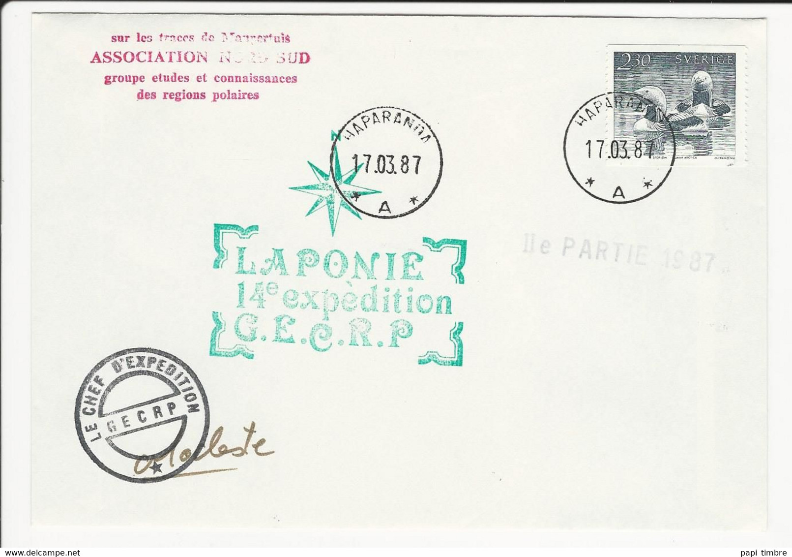 Enveloppe Signée Du Chef Des Opérations - Association NORD-SUD - LAPONIE 14e Expédition GECRP - Suède 17/03/87 - Forschungsprogramme