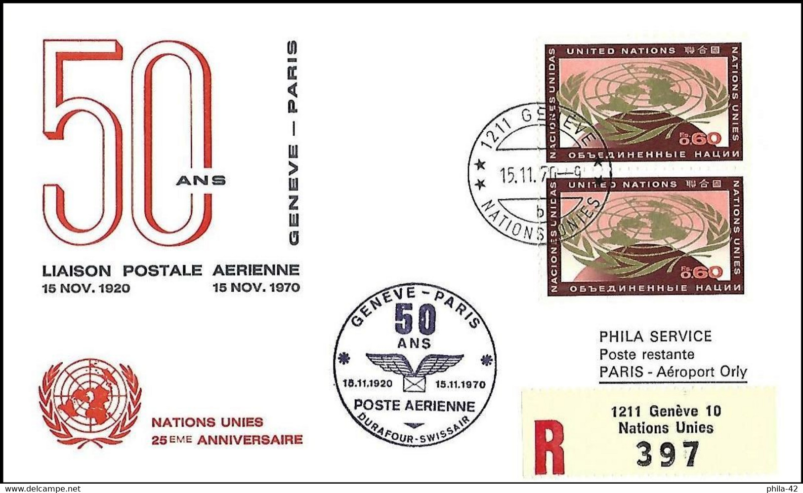 United Nations (Genova) 1970 - Mi 9 - YT 6 ( 50 Years Of Airmail Link Geneva - Paris ) - Lettres & Documents