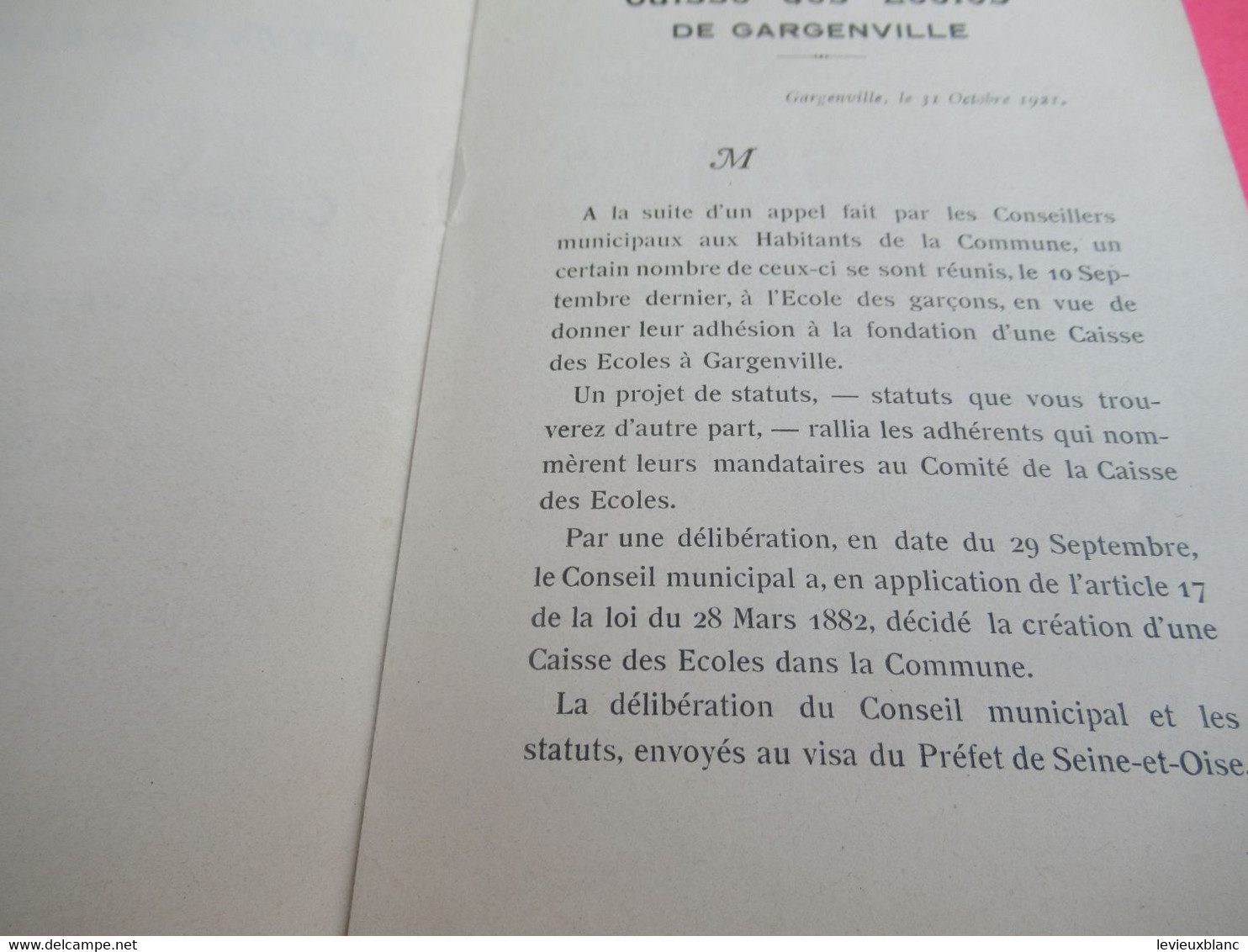 Rapport Sur La Fondation De La CAISSE Des ECOLES De GARGENVILLE /République Française/1921  CAH332 - Diplome Und Schulzeugnisse