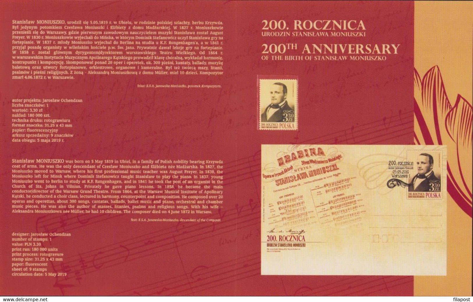 POLAND 2019 Booklet / Fi 4962 Stanislaw Moniuszko Artist, Composer, Music, National Opera / With Stamp MNH** - Booklets