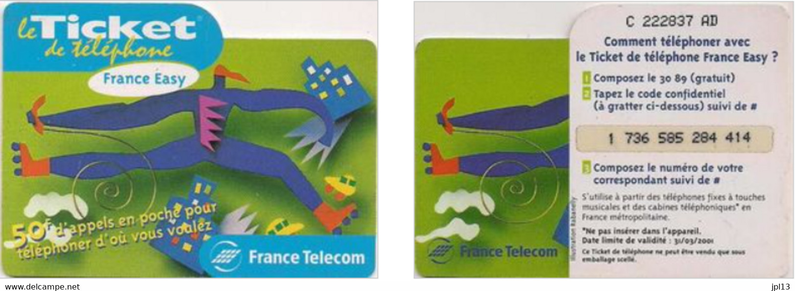 Ticket Téléphone - France Télécom - Easy Green 50F, Série C011089 AN - Biglietti FT