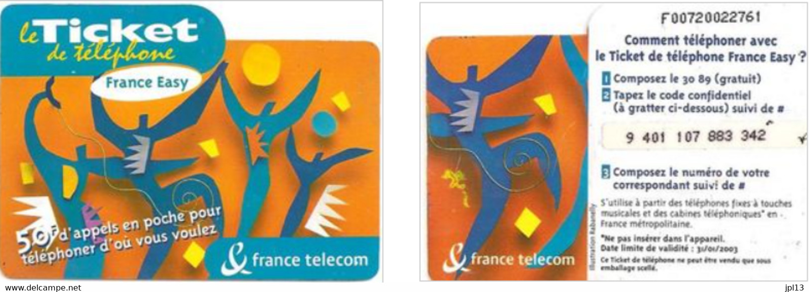 Ticket Téléphone - France Télécom - Easy Orange 50F New Logo, Série F0074, Exp. 31/01/2003 - Biglietti FT