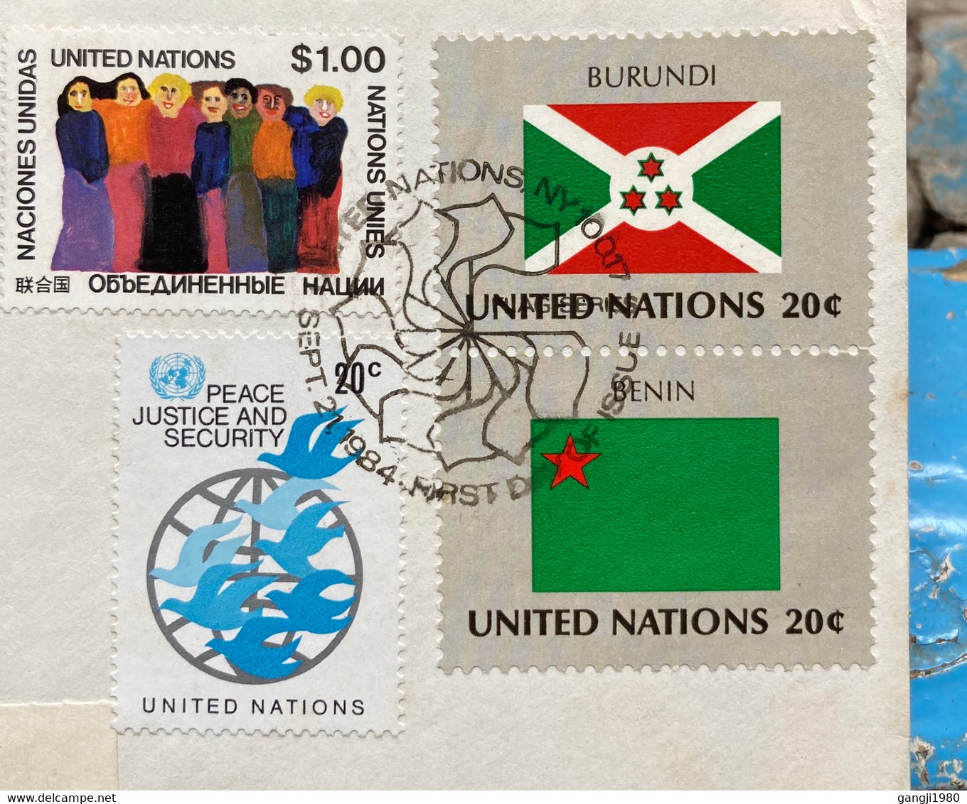 UNITED NATION 1984, FLAG OF BURUNDI & BENIN COUNTRY !! BIRD ,GLOBE,PEOPLE 4 STAMPS USED ON FRONT OF COVER ONLY ! - Lettres & Documents