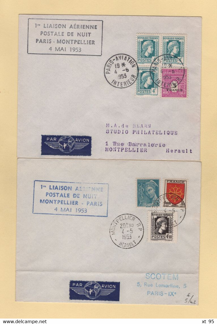 1er Vol Aller Retour - Paris Montpellier - 4-5-1953 - 1960-.... Covers & Documents