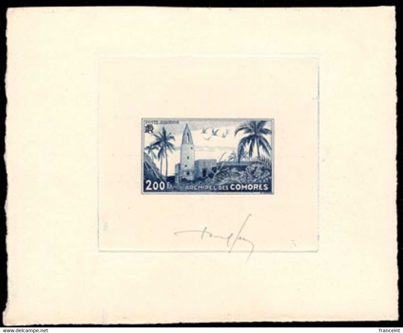 COMOROS(1954) Ouani Mosque. Palm Trees. Die Proof In Dark Blue Signed By The Engraver SERRES. ScottC3, Yvert PA3. - Sonstige & Ohne Zuordnung