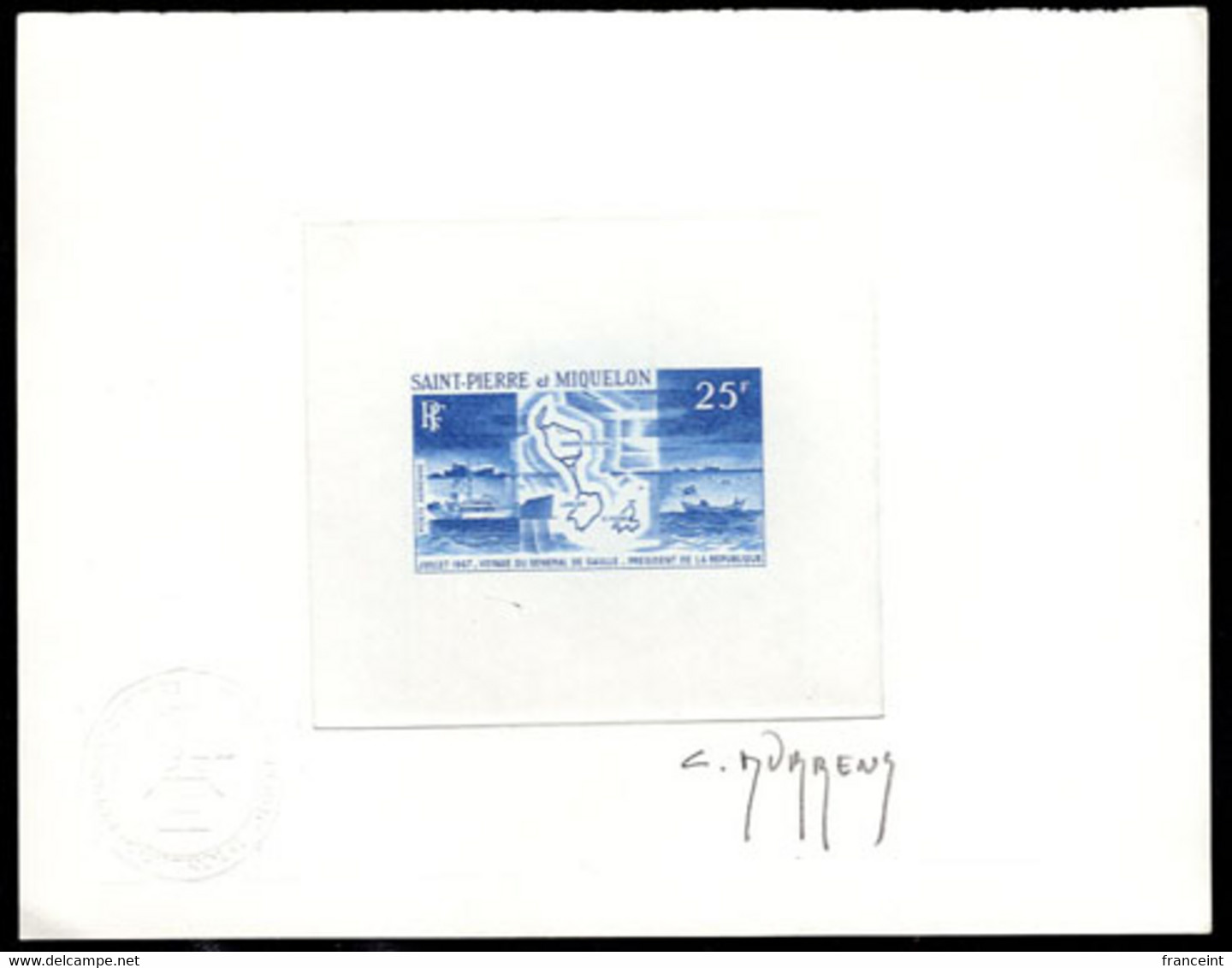 ST. PIERRE & MIQUELON(1967). Die Proof In Blue Signed By The Engraver DURRENS. Visit Of Charles DeGaulle. Sc C35,YT PA38 - Imperforates, Proofs & Errors