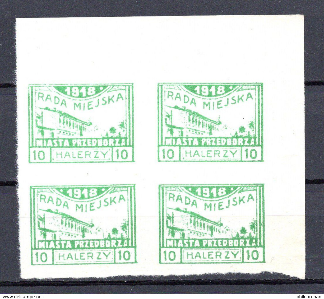 Pologne 1918 Poste Locale PRZEDBORZA Bloc 4x10 Halerzy Verts Non Dentelés Neufs  7 €  Ex N°1  (cote ?, 4 Valeurs) - Ungebraucht