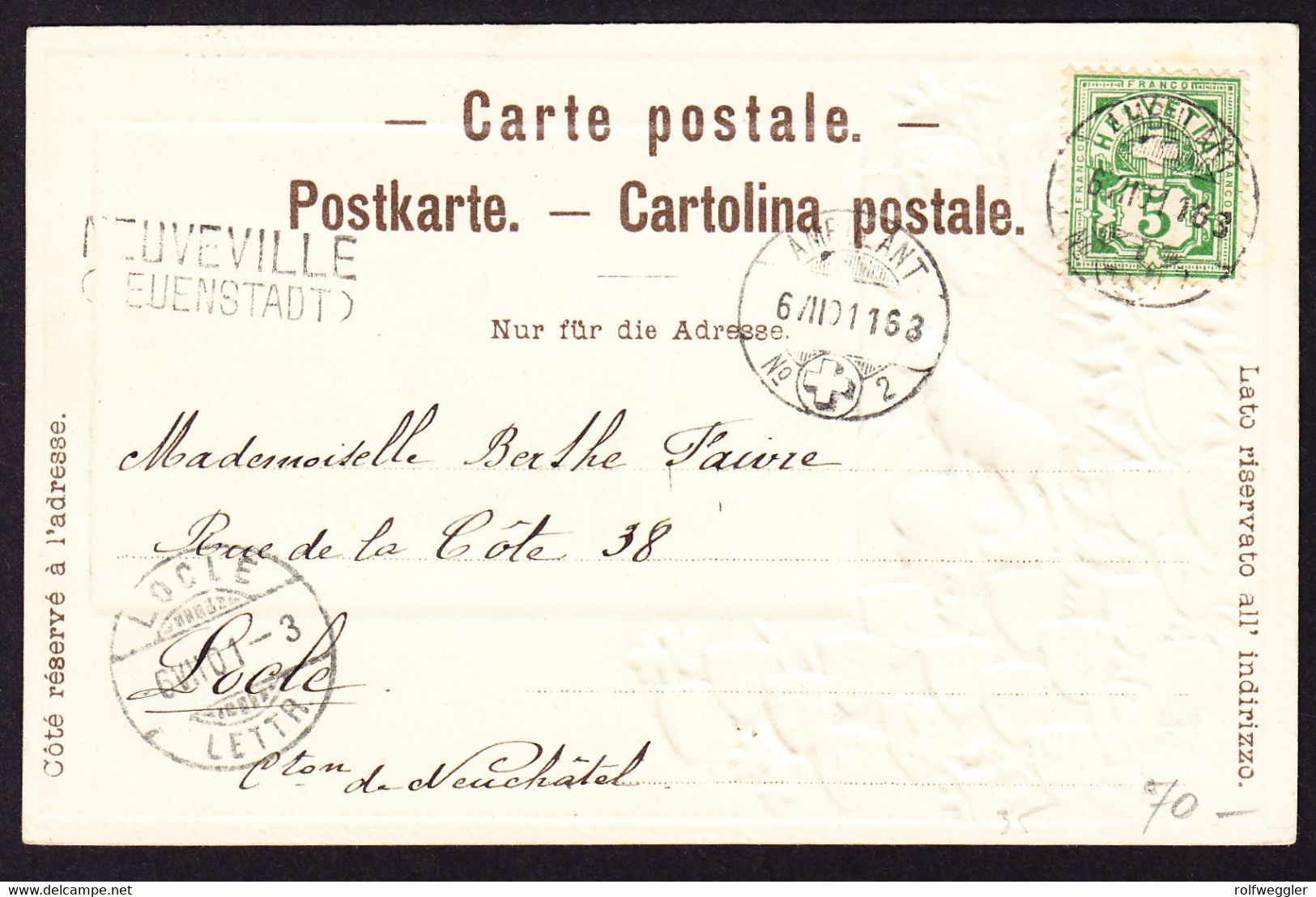 1901 Mit Bahnpost Gelaufene Prägekarte Aus Neuveville Nach Locle. - La Neuveville