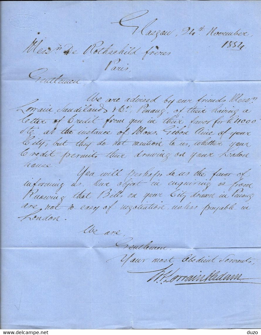 1854 - LAC Ecosse Glasgow - Prepaid Entrée Angl 2 Calais 26/11/1854  >>>> Rothschild Paris - Voir (3 Scans). - ...-1840 Precursores