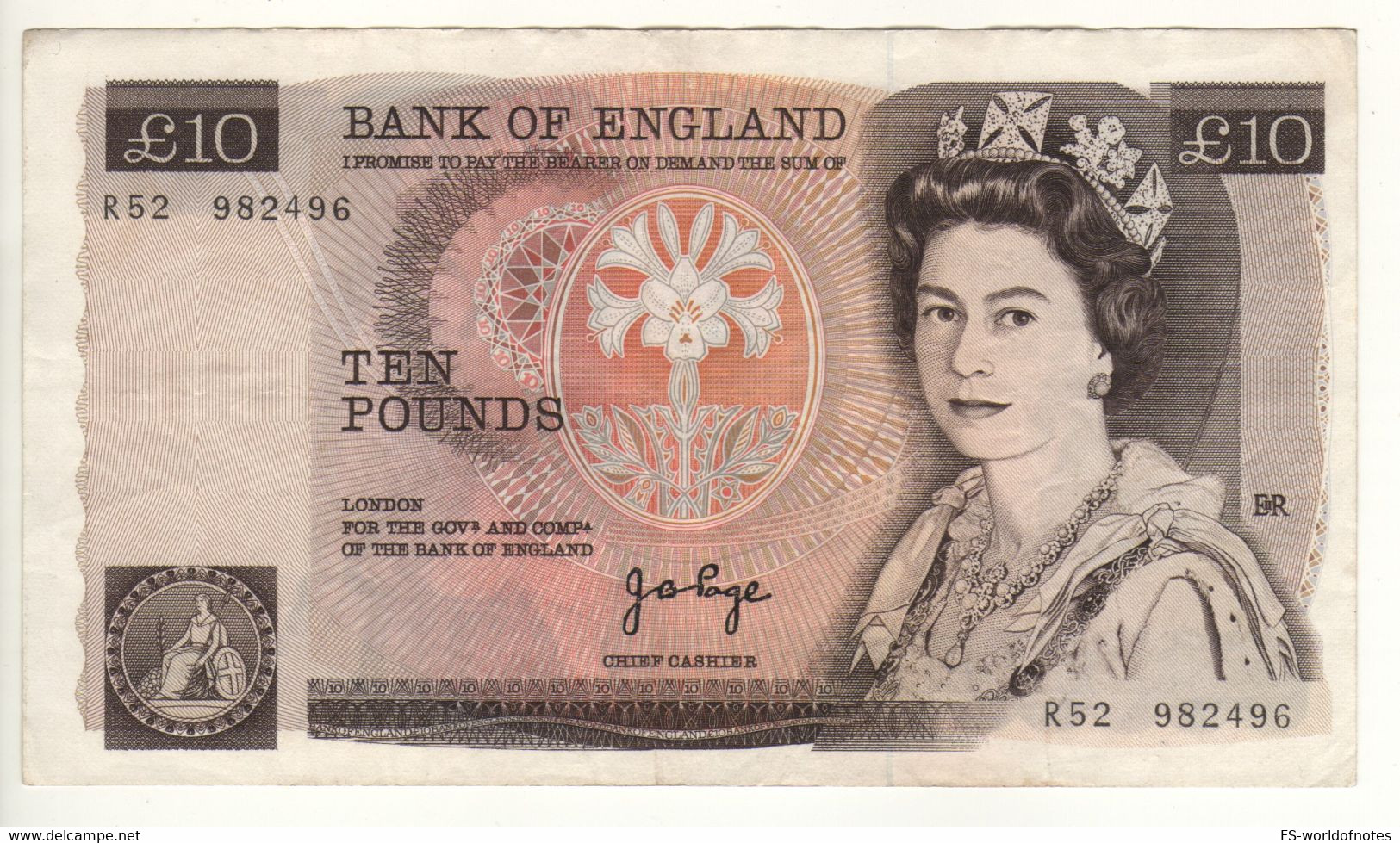 ENGLAND. £10 P379a  ( ND 1975   "sign.  J.B.Page"   -    Queen Elizabeth II/ Florence Nightingale ) - 10 Pounds