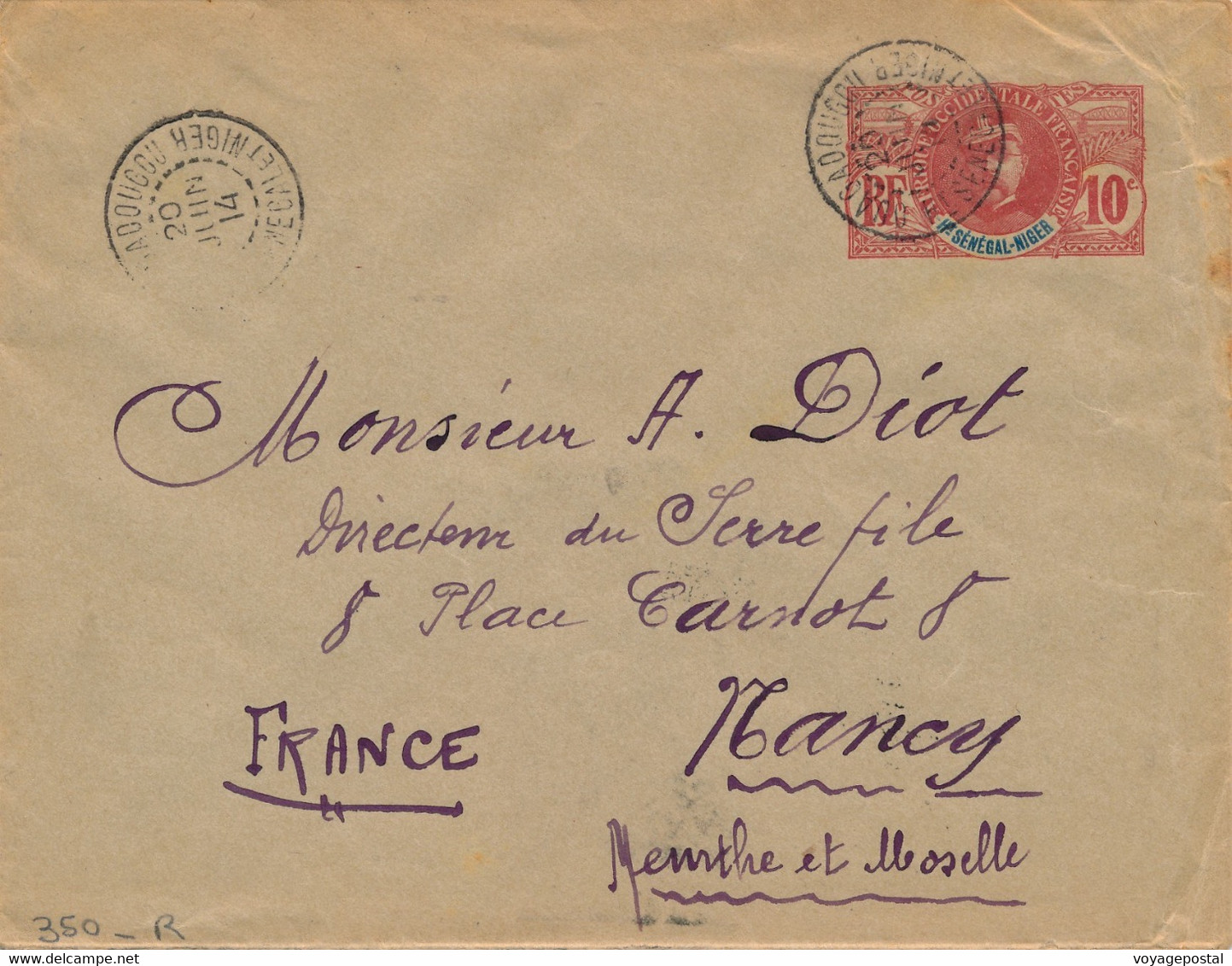 LETTRE ENTIER POSTAL FAIDHERBE OUAGADOUGOU HAUT-SENEGAL ET NIGER NANCY 1914 COVER - Lettres & Documents