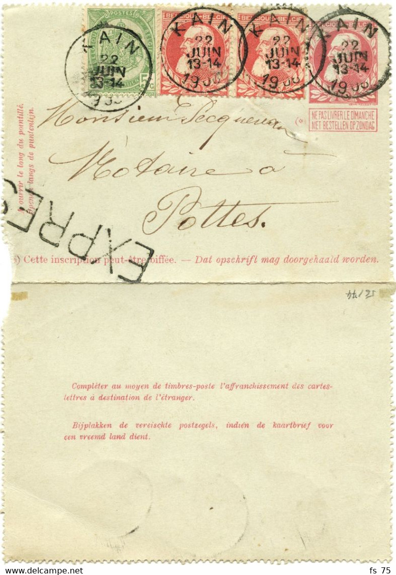 BELGIQUE - COB 56+74 SIMPLE CERCLE DOUR SUR ENTIER CARTE LETTRE 10C GROSSE BARBE PAR EXPRES, 1906 - Other & Unclassified