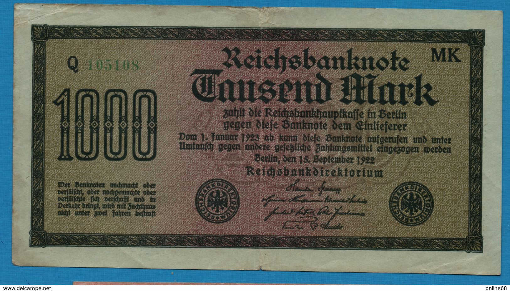 DEUTSCHES REICH 2 X 1000 MARK 15.09.1922  # MK Q 105107 + 108  P# 76h - 1000 Mark