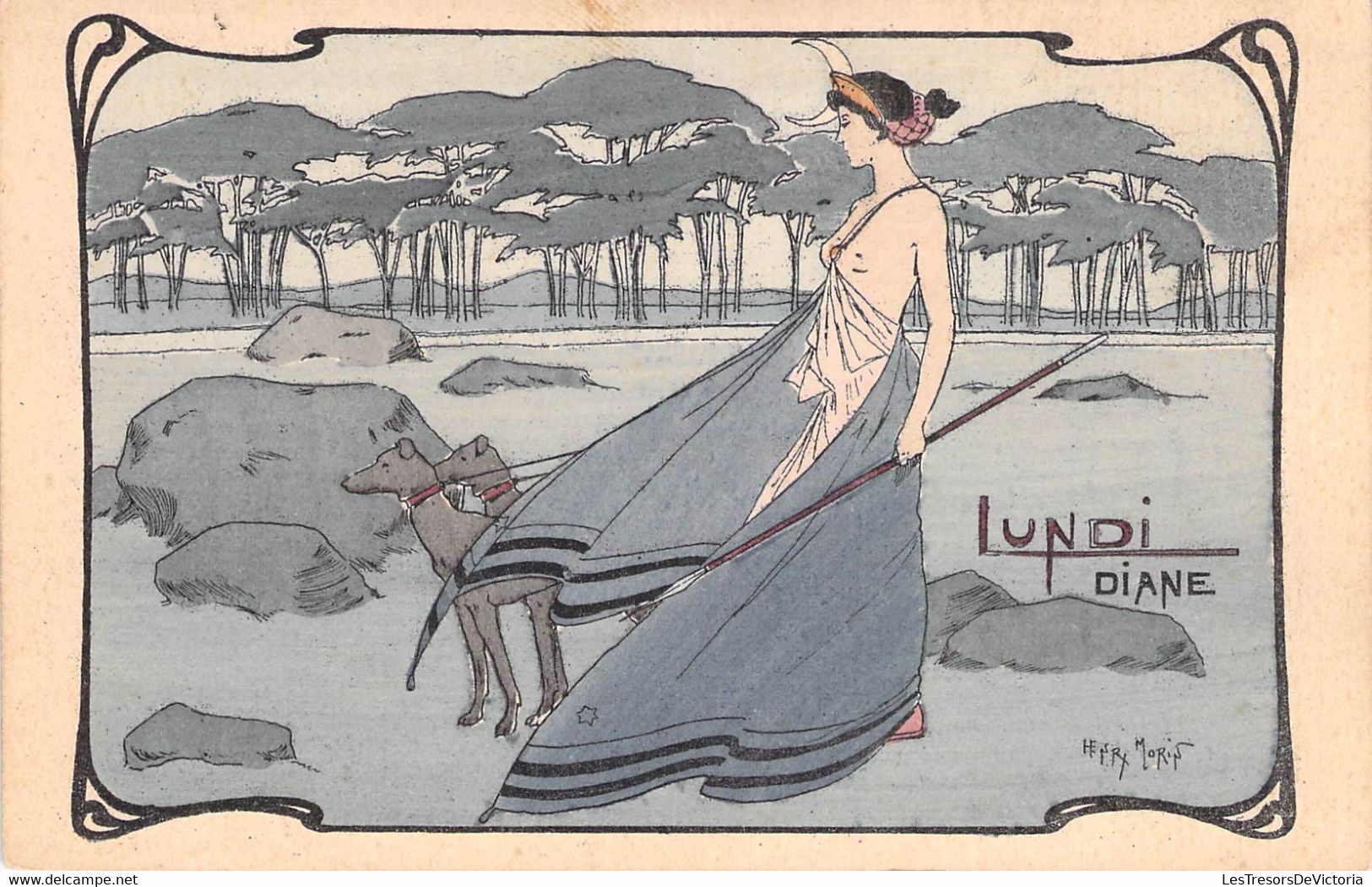 CPA Illustrateur Signé Henri Morin - Lundi Diane - Lance Et Chiens De Chasse - Jour De La Semaine - Morin, Henri