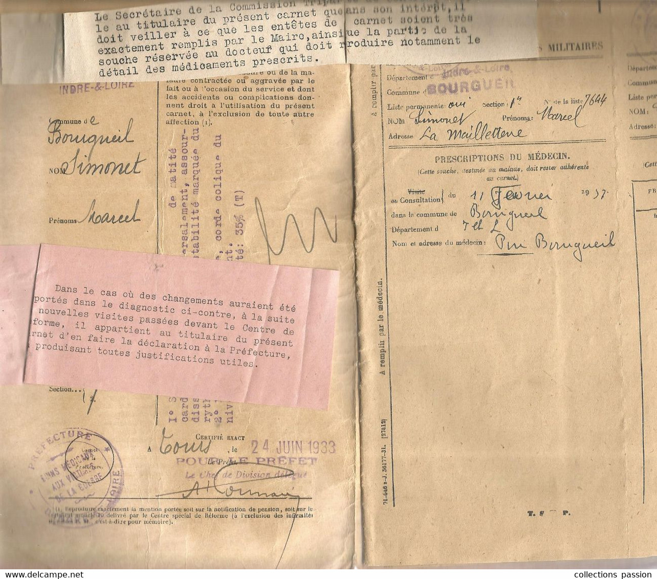 Militaria , Carnet De Bons Médicaux Et Pharmaceutiques ,victimes Militaires, Indre Et Loire ,BOURGUEIL,  Frais Fr 3.95 E - Documenten