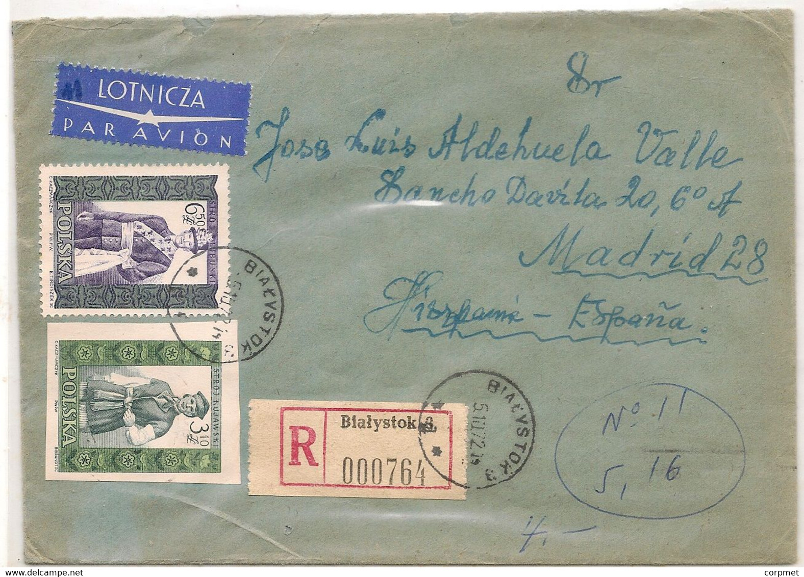 POLAND - 1972 REGISTERED COVER From BIALYSTOK To SPAIN - Tied By Mixed Perf And Imperf COSTUMES FOLKLORIQUES -5 Stamps - Flugzeuge