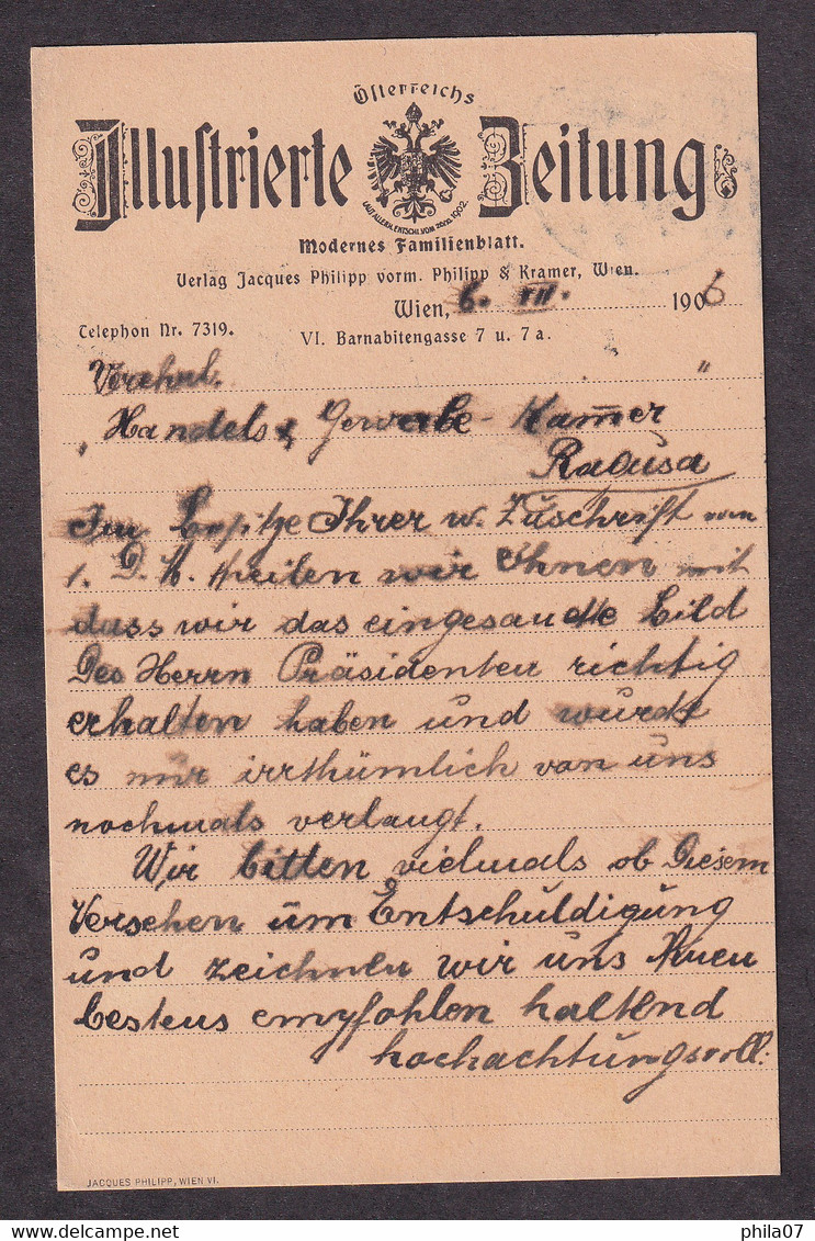 AUSTRIA - Stationery Illustrierte Zeitung Franked With Stamp With Perfin Ph And Sent From Wien To Dubrovnik 1906 / 2 Sca - Otros & Sin Clasificación