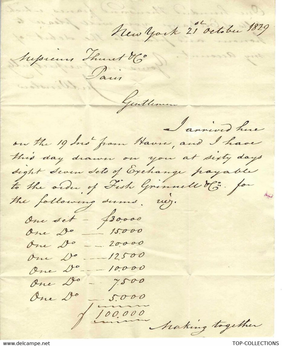 1829 LETTRE Sign. J.Winslow Banque Bank à New York Pour Thuret Banque Paris Cite Fisch Grinenel Cy  ARMARTEURS V.SCANS + - Estados Unidos