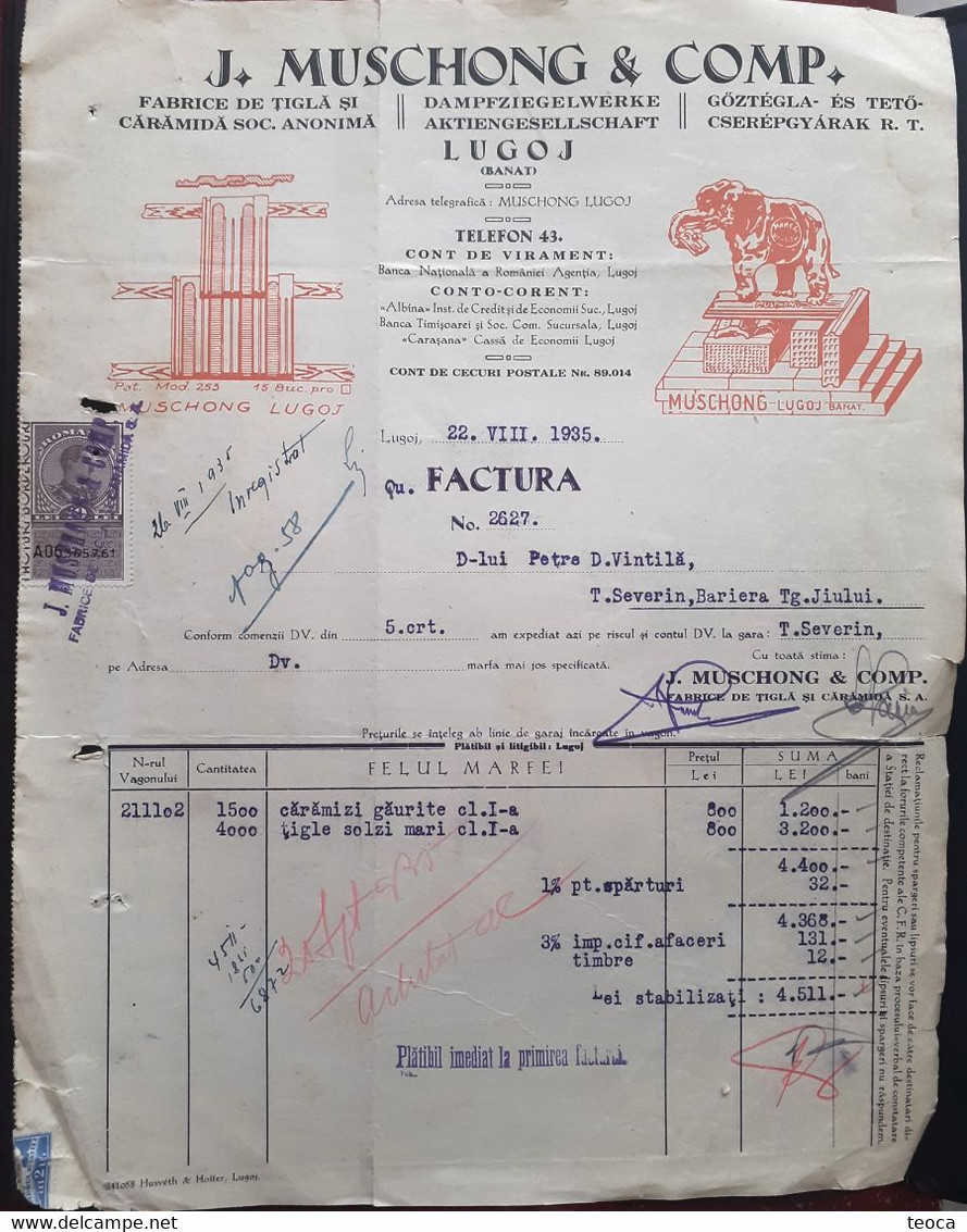 LUGOJ 1935 INVOICE J.Muschong & Comp.  Glass And Brick Factory, Lugoj 1935, Stamped Tax Invoice, ELEPHANT, - Steuermarken