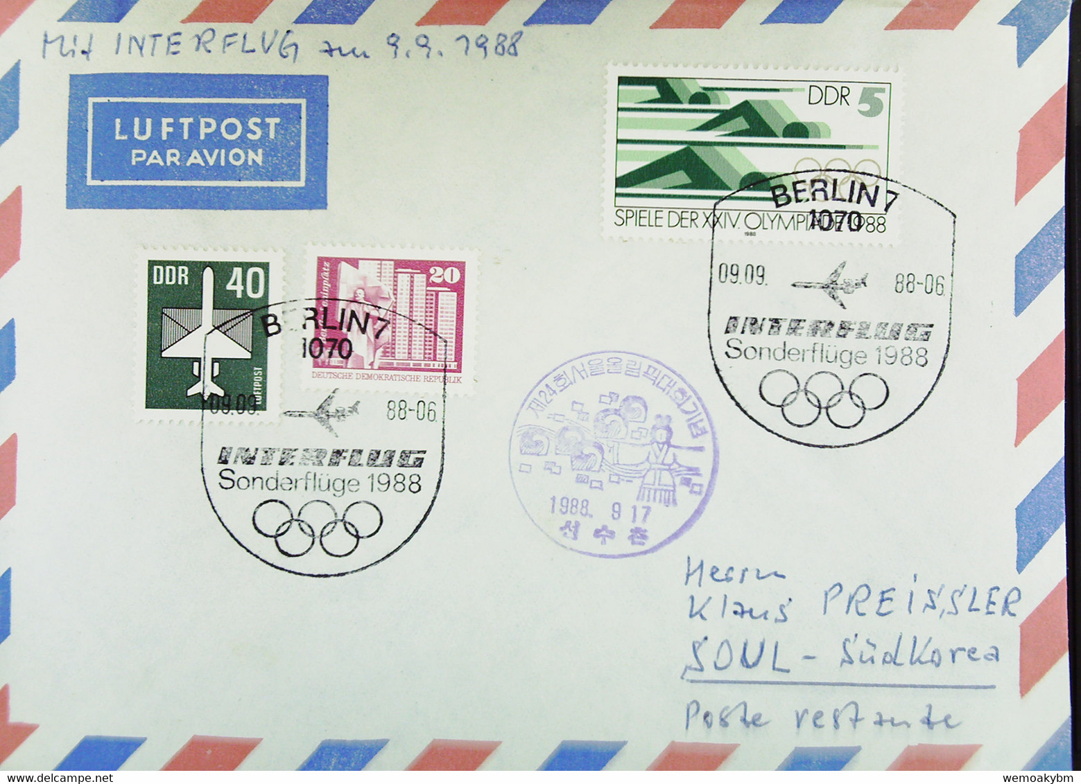 DDR: Luftpost Mit SoSt. "INTERFLUG Sonderflüge 1988 09.09.88" Von Berlin Zur Olympiade Nach Südkorea Mit Ank-Stpl. 17.9. - Airmail