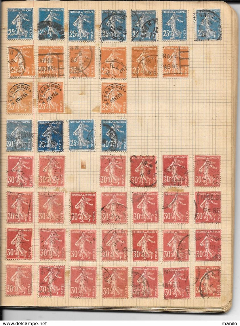 Collection de TIMBRES d'un ENFANT sur CAHIER D'ECOLIER années 1940 -PETAIN,SEMEUSE,IRIS,FISCAUX,CHEMINS DE FER,MERCURE..