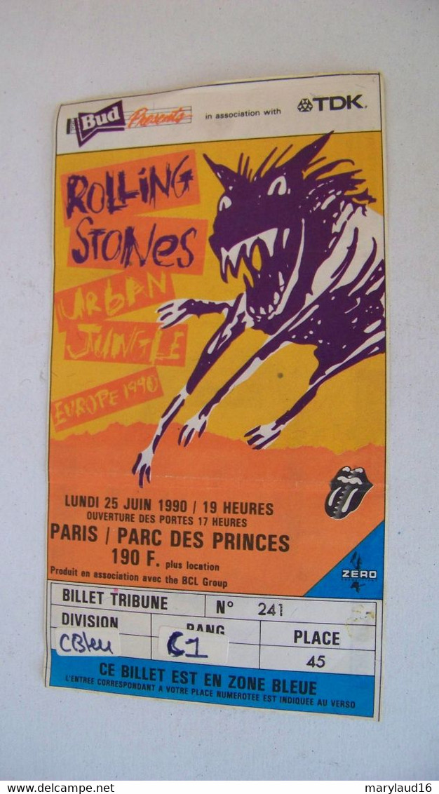 TICKET CONCERT ROLLING STONES PARIS PARC DES PRINCES 25/06/1990 URBAN JUNGLE - Entradas A Conciertos