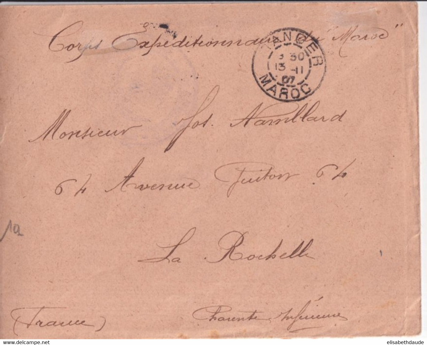 1907 - MAROC CORPS EXPEDITIONNAIRE ! - ENVELOPPE FM De TANGER => LA ROCHELLE - Militärstempel Ab 1900 (ausser Kriegszeiten)