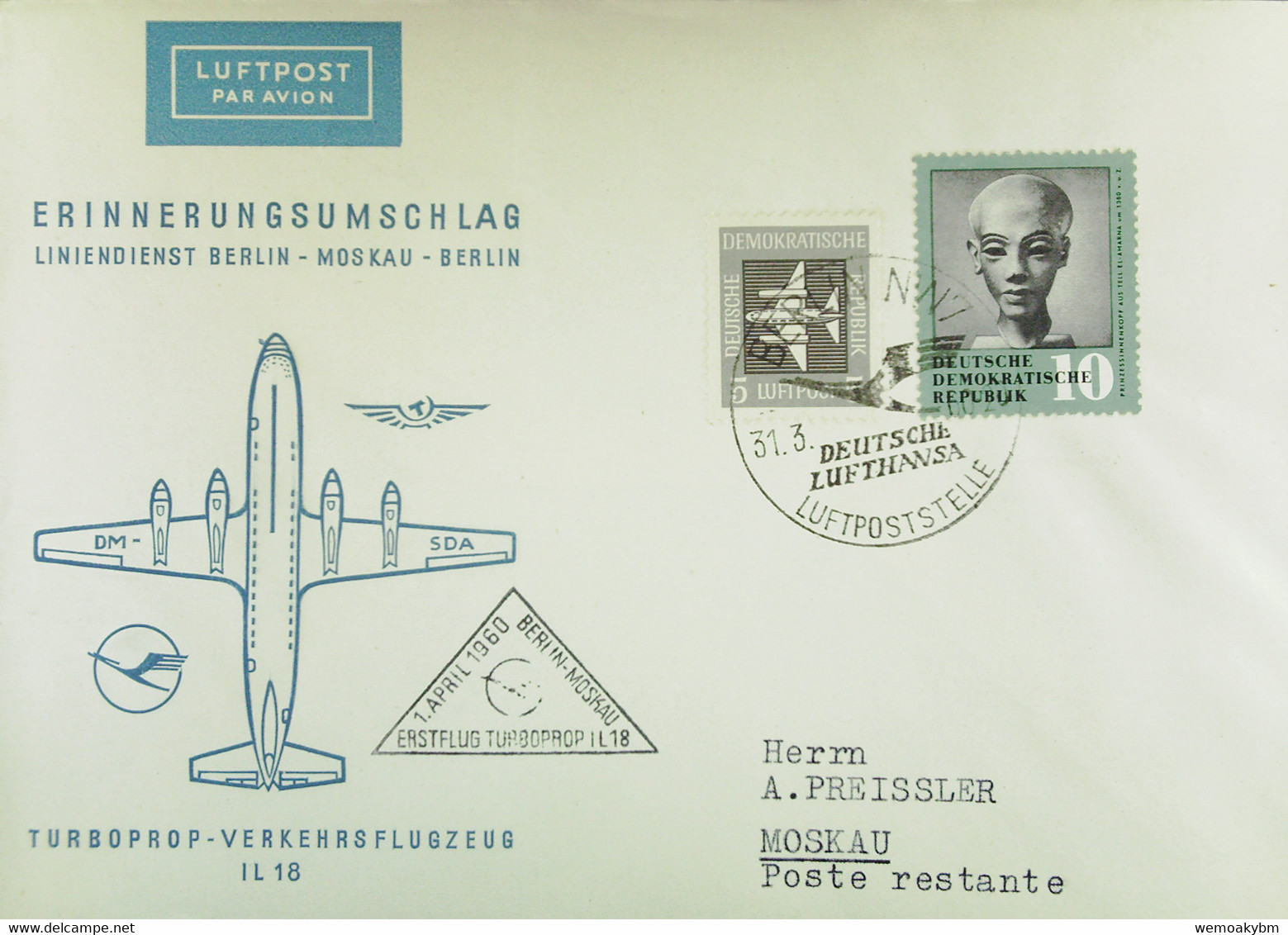 DDR: Luftpost-Brief "Erinnerungsumschlag Liniendienst BERLIN-Moskau Mit Turboprop-Flzg IL 18" BERLIN Vom 31.3.60 - Airmail