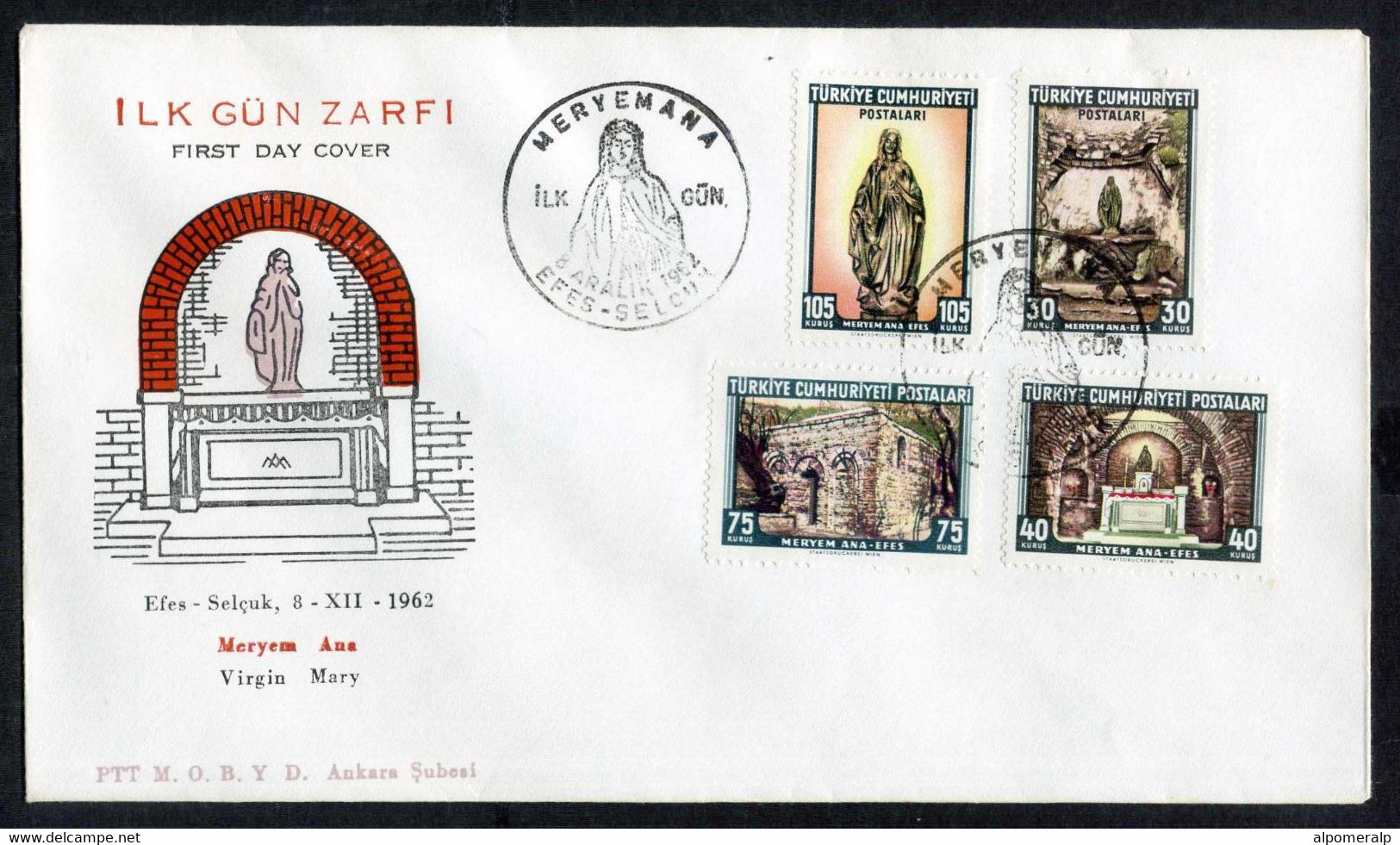 Türkiye 1962 Shrine Of The Virgin Mary, Panaya Kapulu, House Of Virgin Mary At Ephesus Mi 1846-1849 FDC - Briefe U. Dokumente