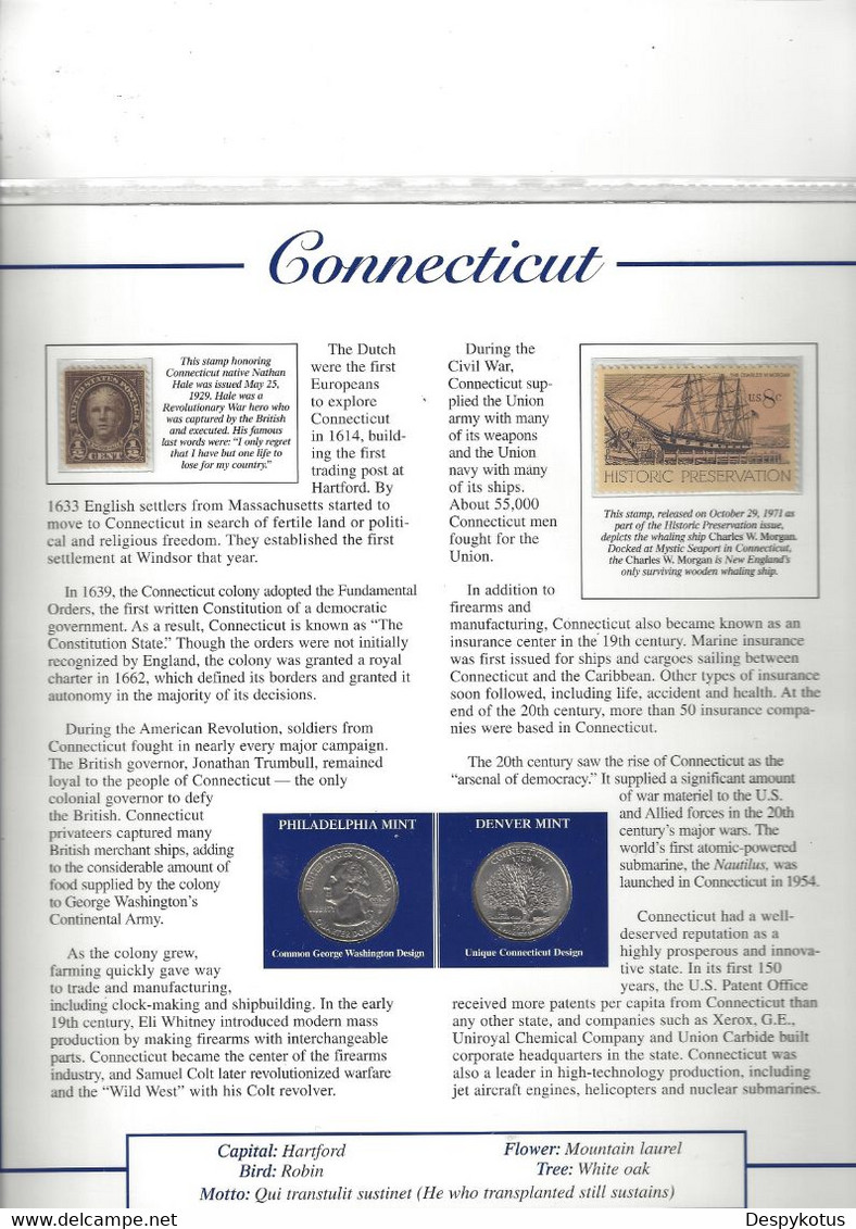 Etats-Unis - Feuillet "Etat" - 2 Quarters FDC 1999 (Philadelphie Et Denver) Et 3 Timbres Neufs - Connecticut - Ohne Zuordnung