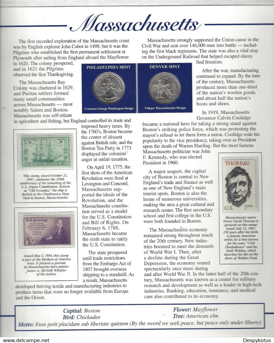 Etats-Unis - Feuillet "Etat" - 2 Quarters FDC 1999 (Philadelphie Et Denver) Et 3 Timbres Neufs - Massachusetts - Zonder Classificatie