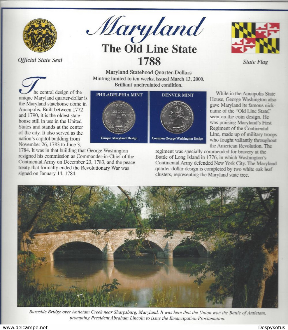 Etats-Unis - Feuillet "Etat" - 2 Quarters FDC 1999 (Philadelphie Et Denver) Et 3 Timbres Neufs - Maryland - Ohne Zuordnung