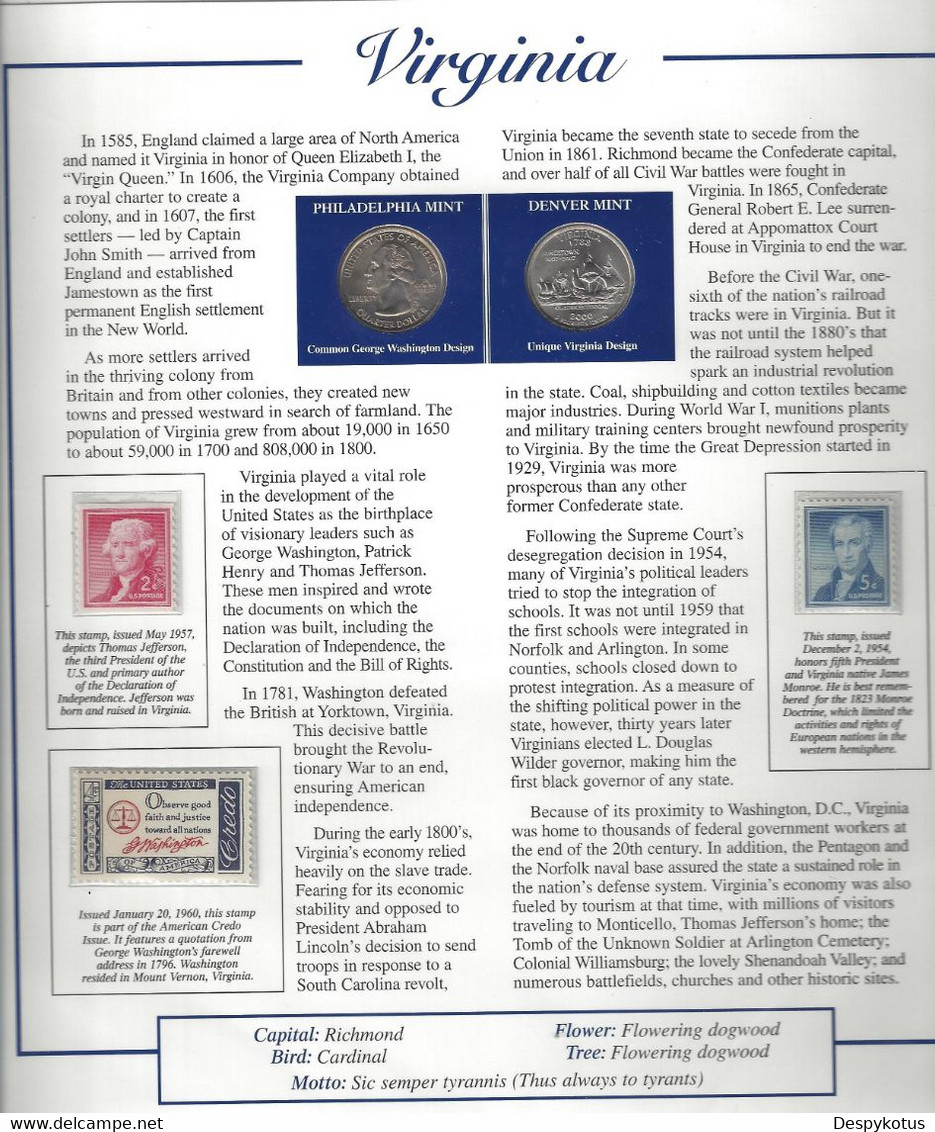 Etats-Unis - Feuillet "Etat" - 2 Quarters FDC 1999 (Philadelphie Et Denver) Et 3 Timbres Neufs - Virginia - Unclassified