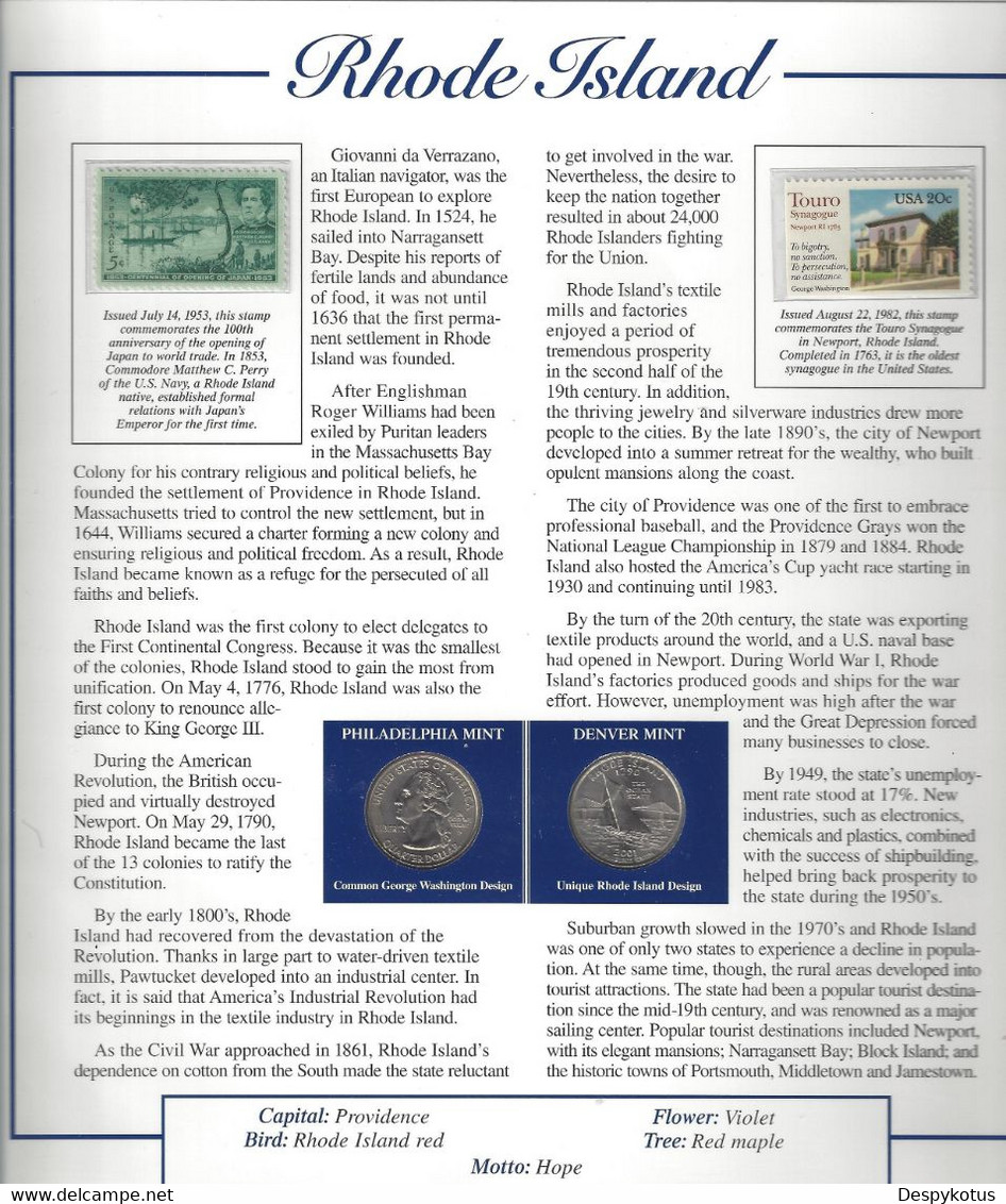 Etats-Unis - Feuillet "Etat" - 2 Quarters FDC 1999 (Philadelphie Et Denver) Et 3 Timbres Neufs - Rhode Island - Ohne Zuordnung