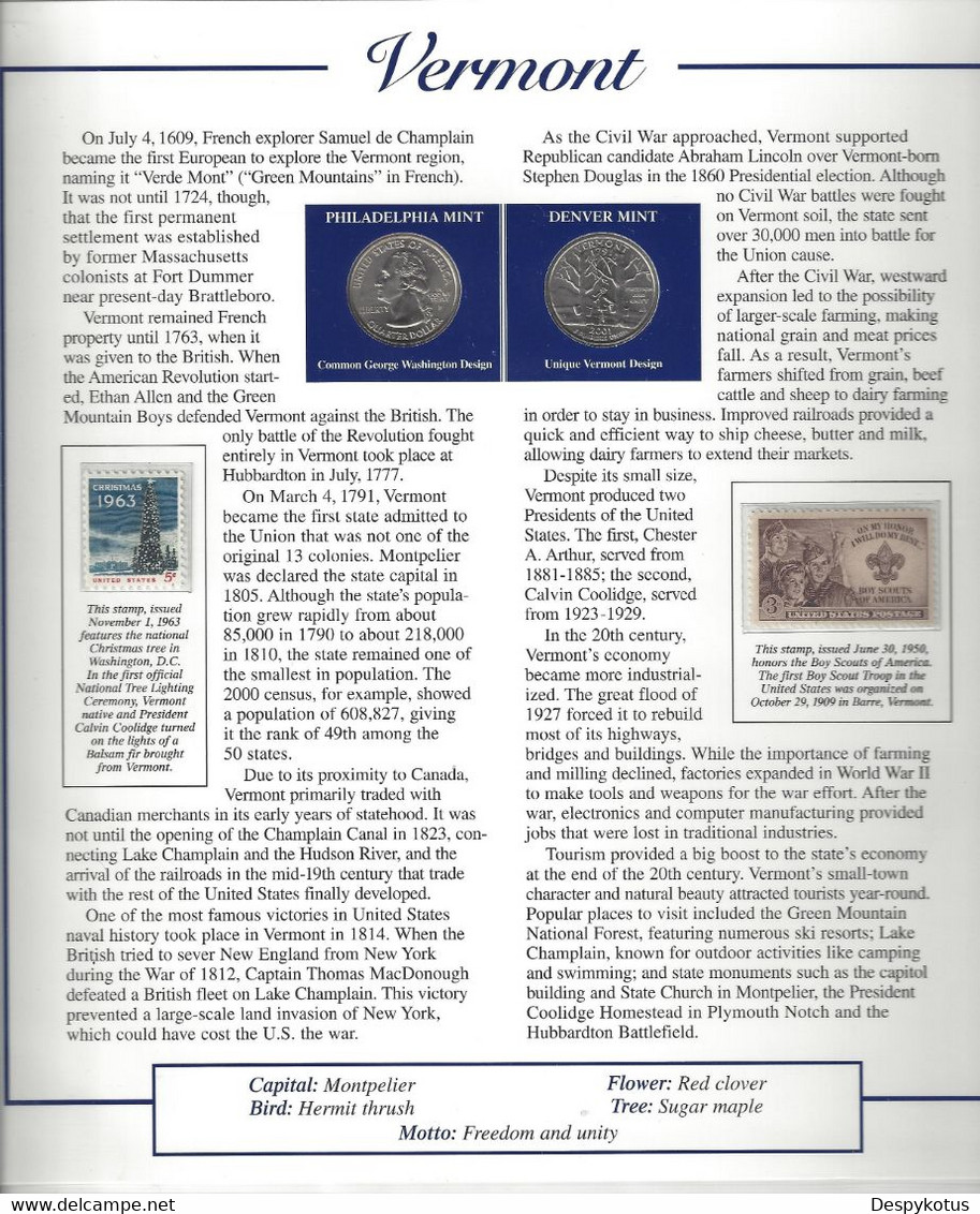 Etats-Unis - Feuillet "Etat" - 2 Quarters FDC 1999 (Philadelphie Et Denver) Et 2 Timbres Neufs - Vermont - Unclassified