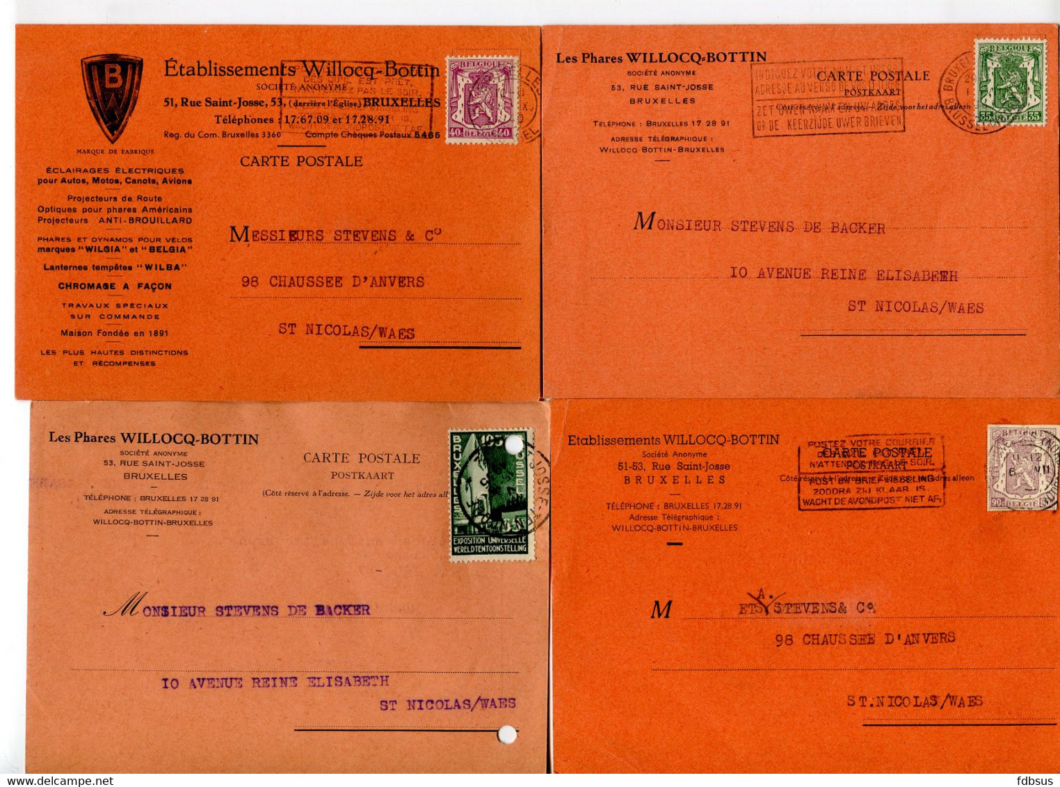 1935/51 4 Kaarten Ets WILLOCQ BOTTIN Bruxelles Eclairages Pour Autos Motos - Belgia Wilgia - Naar Sint Niklaas - Ref 320 - Andere & Zonder Classificatie