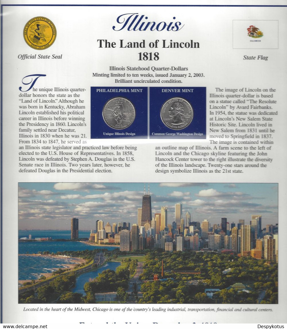 Etats-Unis - Feuillet "Etat" - 2 Quarters FDC 1999 (Philadelphie Et Denver) Et 3 Timbres Neufs - Illinois - Zonder Classificatie