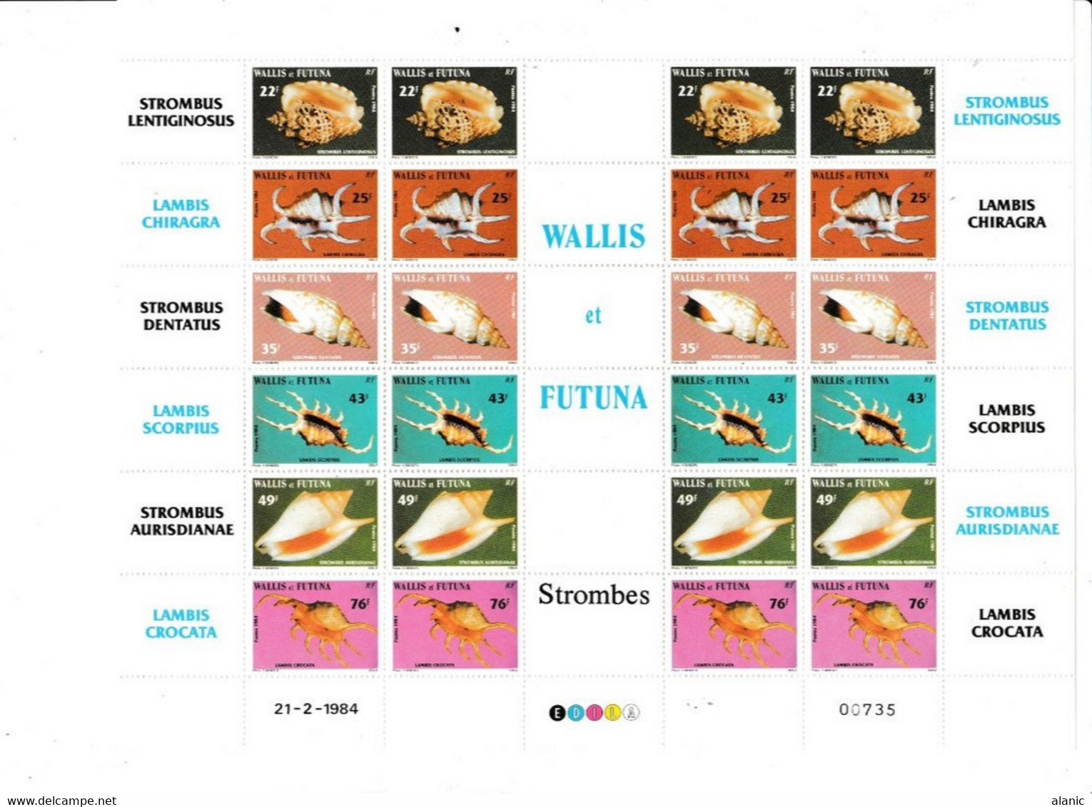 WALLIS ET FUTUNA N° 312 à 317 EN FEUILLET NEUFS SANS CHARNIERE COTE 57.00€ COQUILLAGE ANIMAUX - Blocks & Kleinbögen